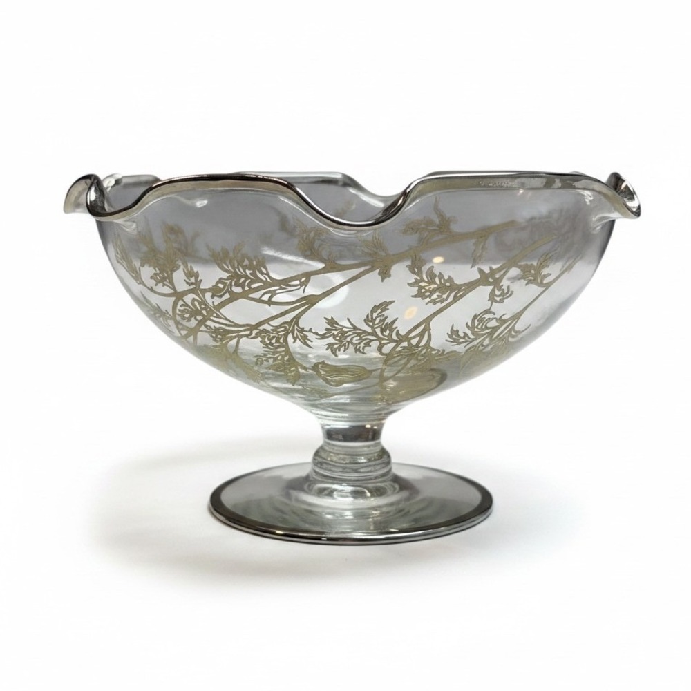 Vintage Silver City Poppy Glass Footed Bowl Clear Ruffle Rim Floral Pedestal 50s